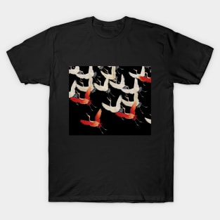 FLYING RED WHITE CRANES IN BLACK Japanese Pattern T-Shirt